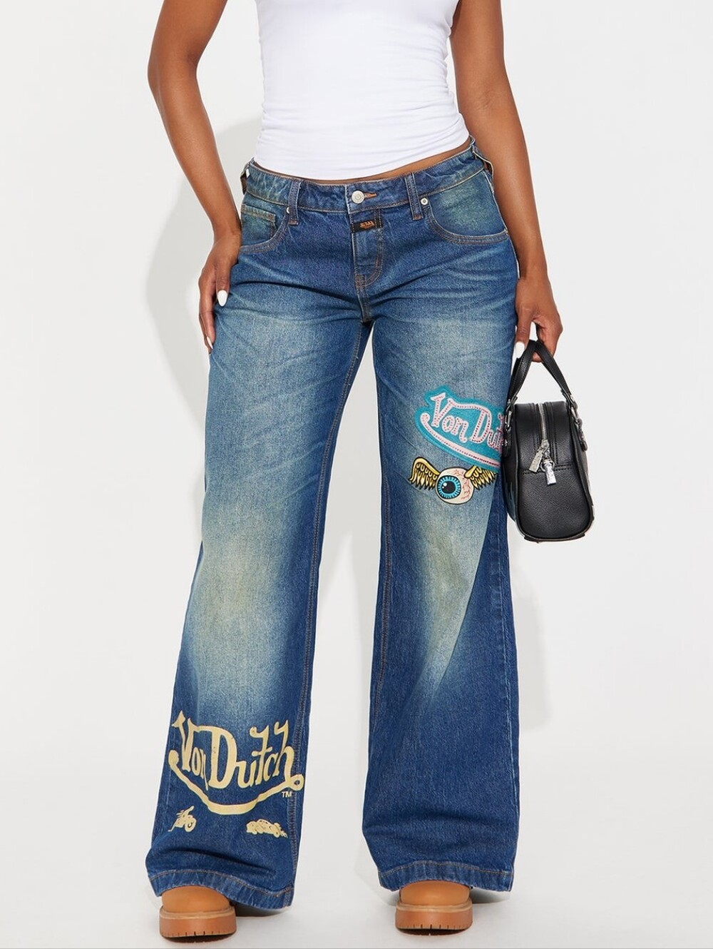 VON DUTCH Wide-Leg Jeans Embroidered Logos Women's Size 29